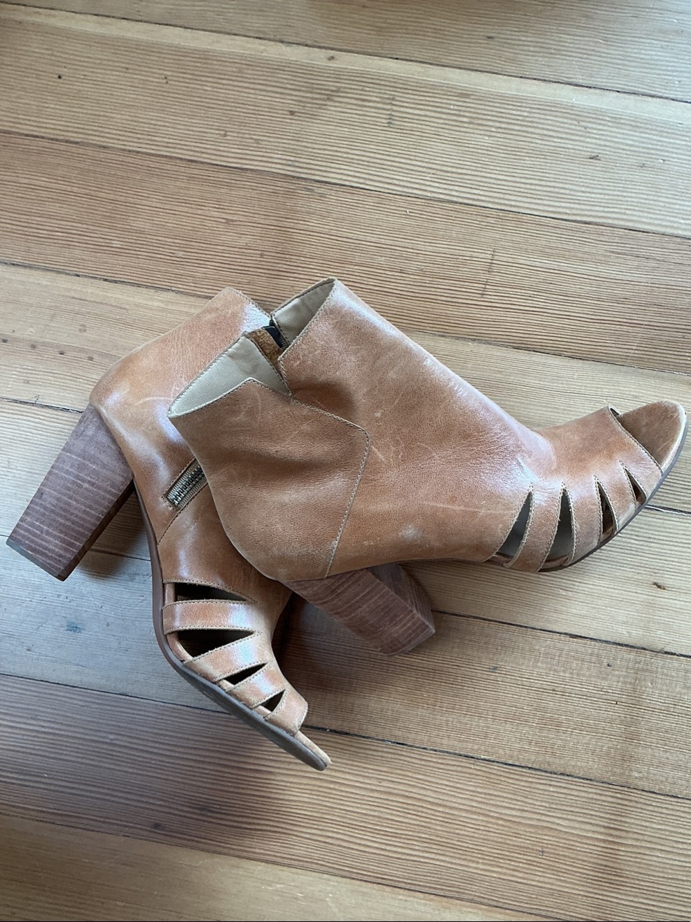 Women's Tan Peep-Toe Block Heel Booties